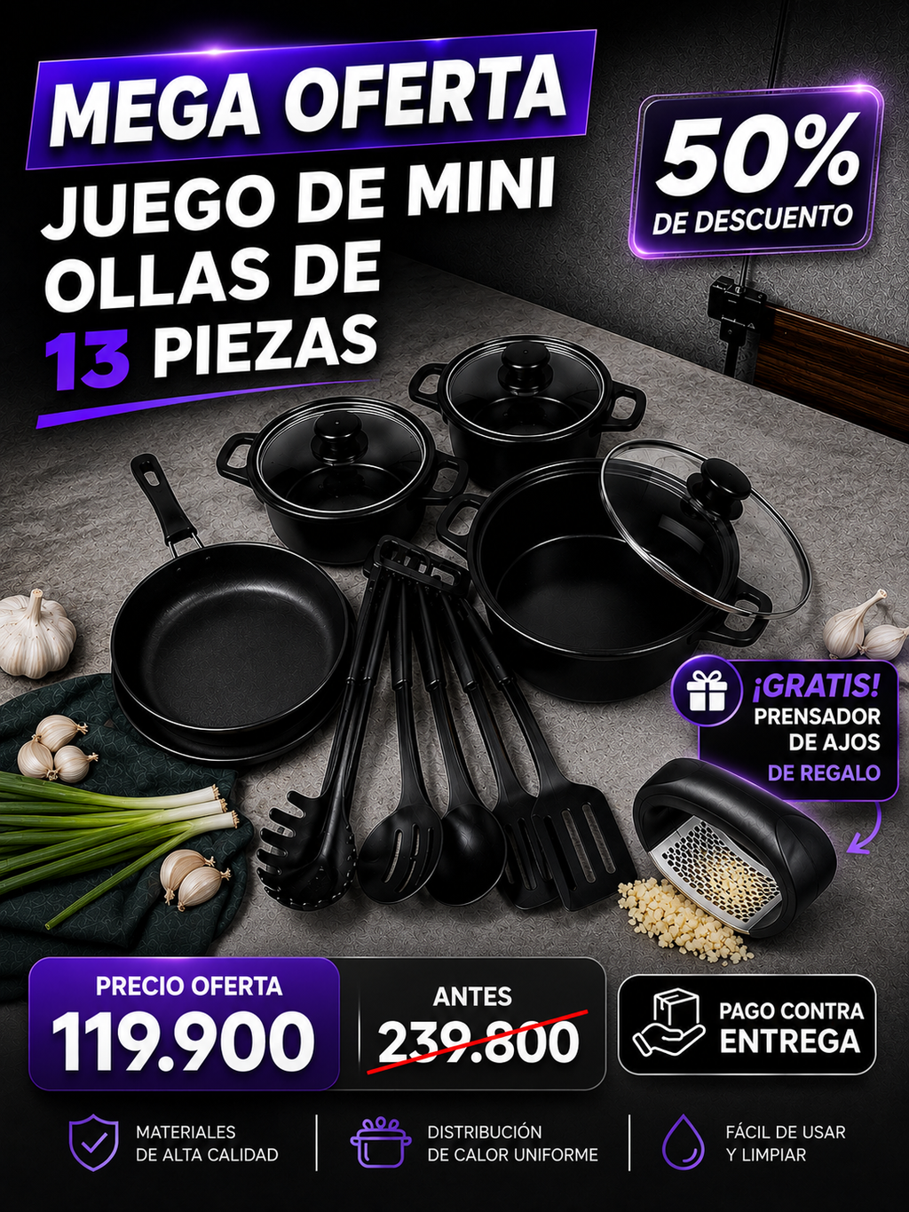 🔥 OFERTA ESPECIAL | Juego de Ollas X 13 Piezas + Amasador de Ajo GRATIS