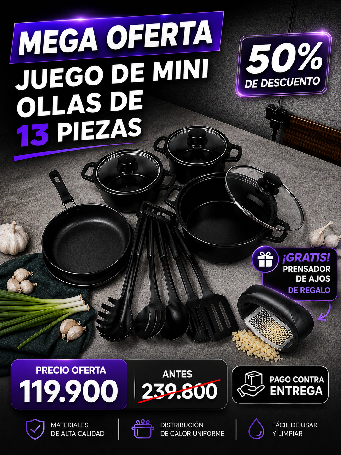 🔥 OFERTA ESPECIAL | Juego de Ollas X 13 Piezas + Amasador de Ajo GRATIS